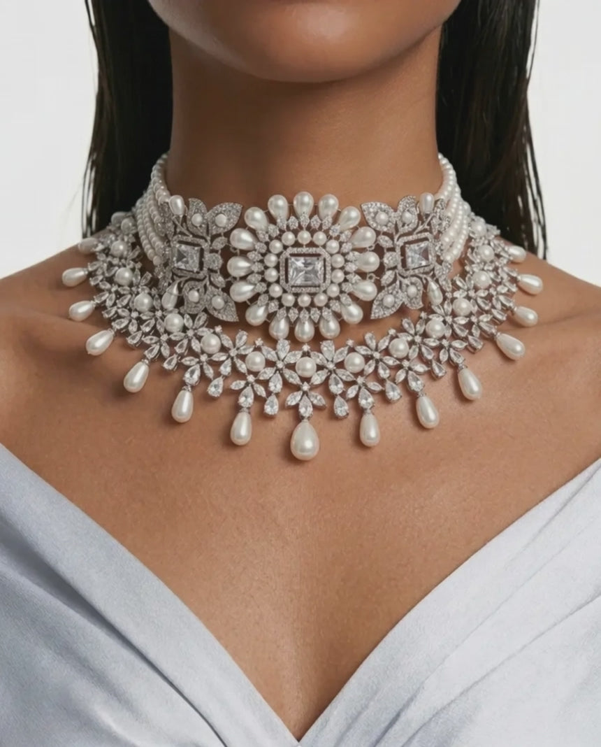 Maharani Paso Pearly Trio Diamond Necklace Set & Zoya Pearl and Diamond Necklace Set (2 Necklaces & 2 Earrings)