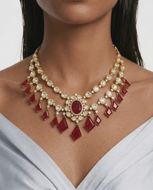 Zaria Ruby Moissanite Polki Kundan Drop Necklace Set – Necklace & Earrings