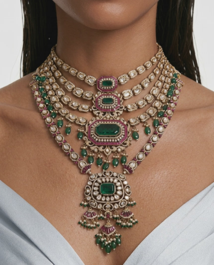 Maharani Layla Moissanite Polki Kundan with Zircon Diamond Detailing Statement Luxe Necklace Set (Necklace & Earrings)
