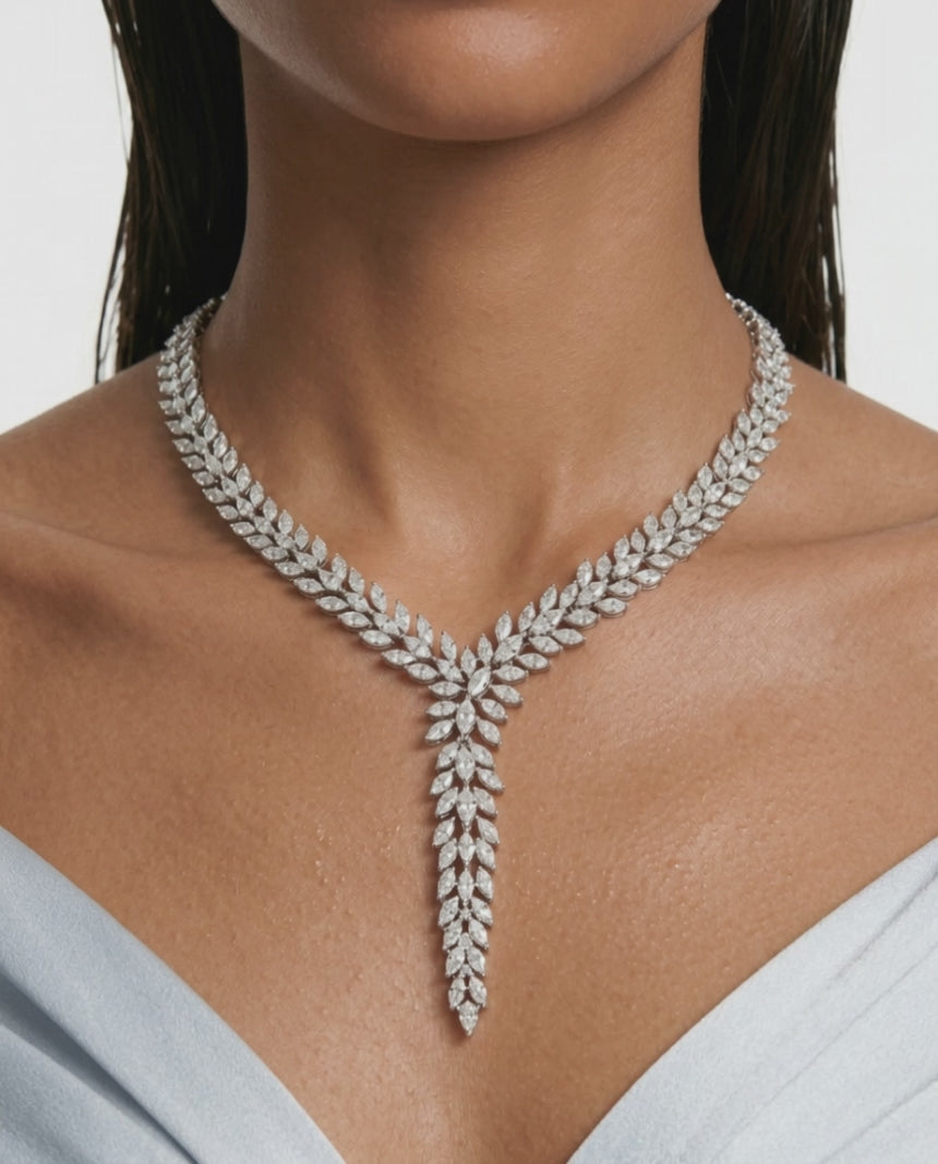 Uklo Leaflet Drops Lariat Style Diamond Zircon Statement Necklace Set (Necklace & Earrings)