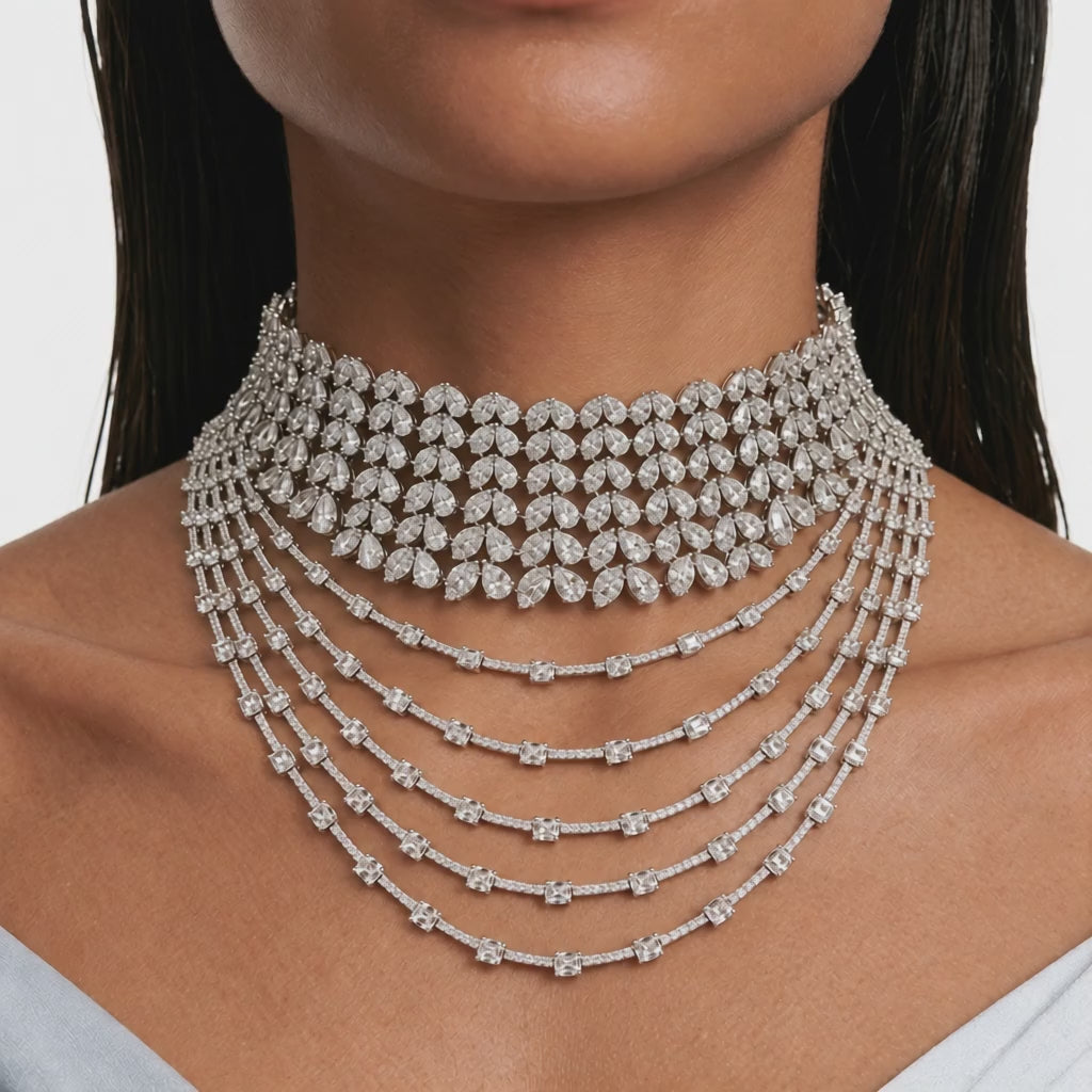 Maharani Lunette Multi Layered & Heart & Diamond Necklace Set (2 Necklace & 2 Earrings)