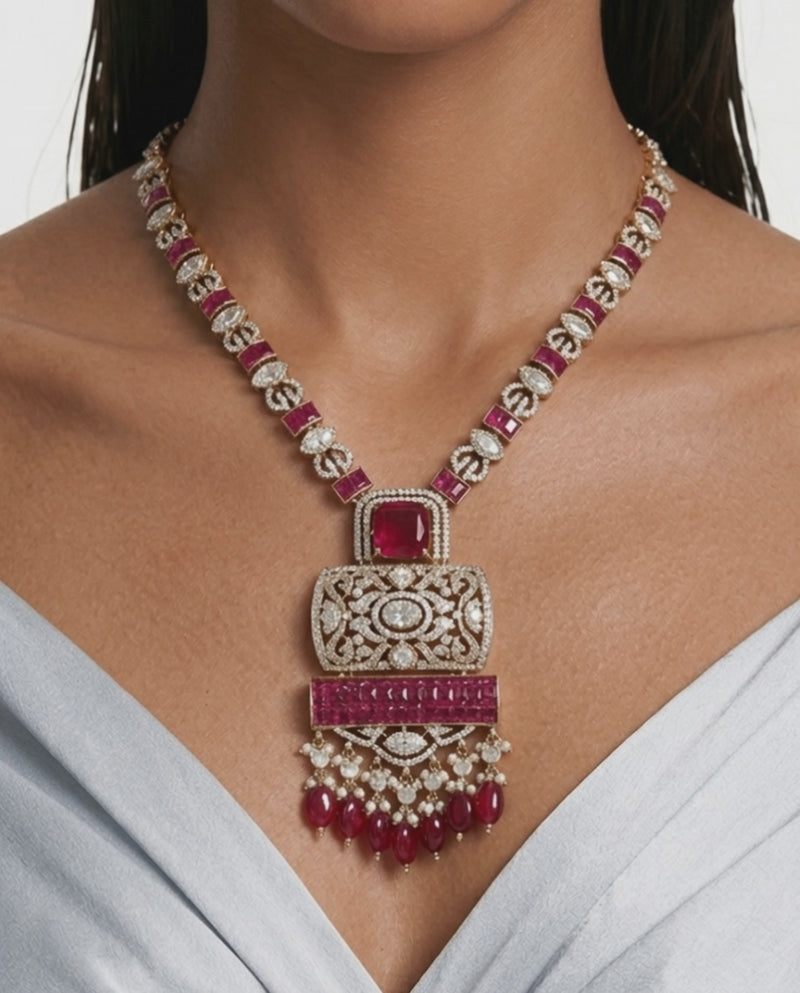 Zeyra Ruby Pearls Moissanite Polki Kundan with Zircon Diamond Detailing Statement Necklace