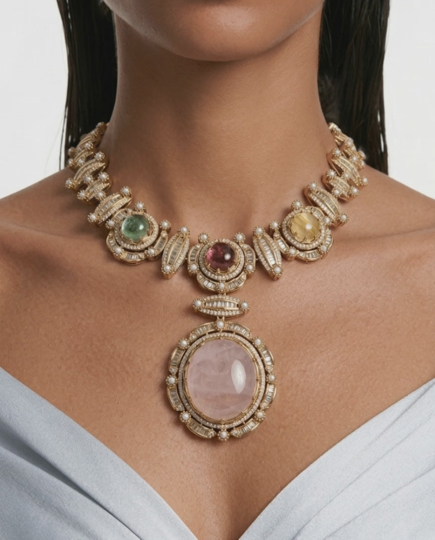 The Noor-e-Rose Multi Colour & Moissanite Polki Kundan with Zircon Diamond Detailing Statement Luxe Necklace Set (Necklace & Earrings)
