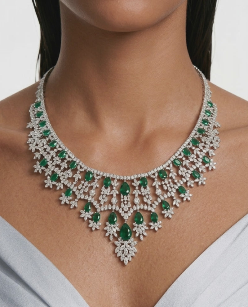 Jahnavi Emerald and Diamond-Like Zircon Compressed Setting Statement Necklace Set (Necklace & Earrings)
