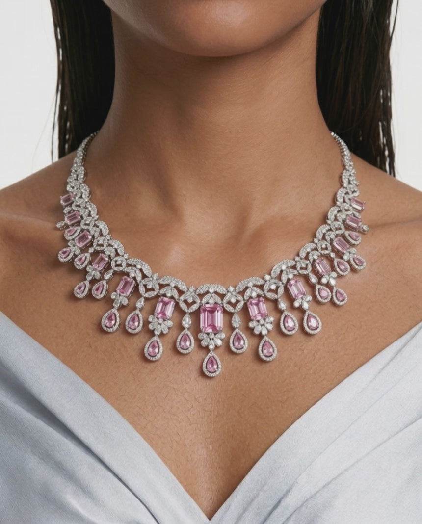 Aarvi Diamond-Like Zircon with Pink Diamond Statement Necklace Set (Necklace & Earrings)