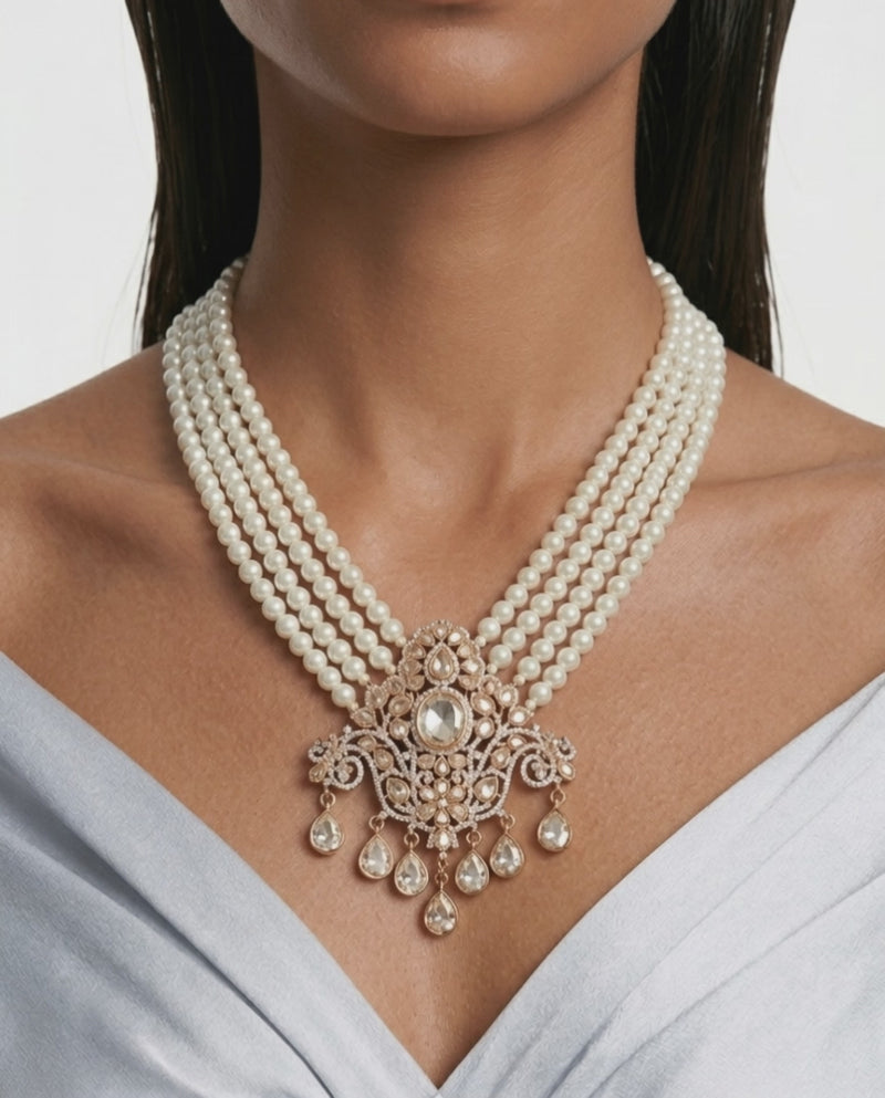 Meher Pearl Kundan Necklace Set – Necklace & Earrings