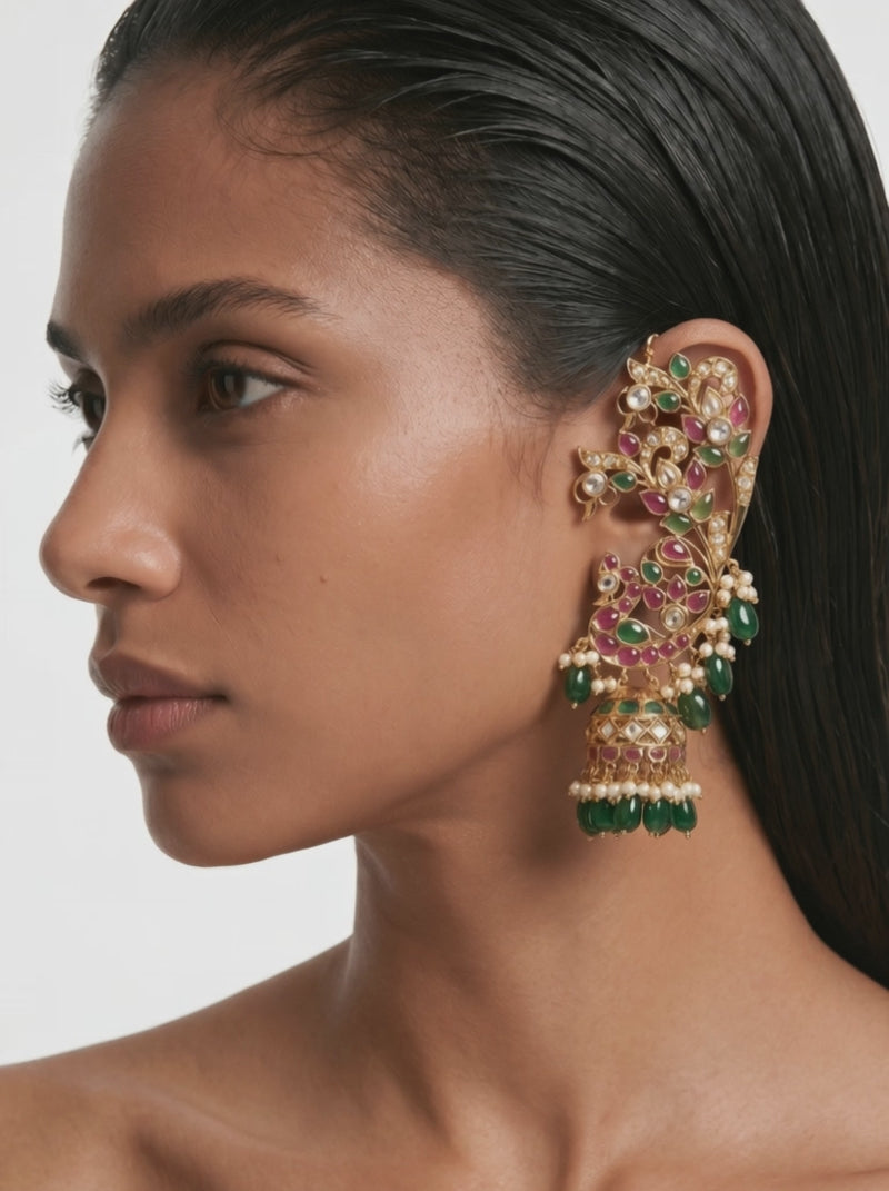 Dhamilia Semi Precious Polki Kundan Ruby & Earring Statement Earcuff Earrings