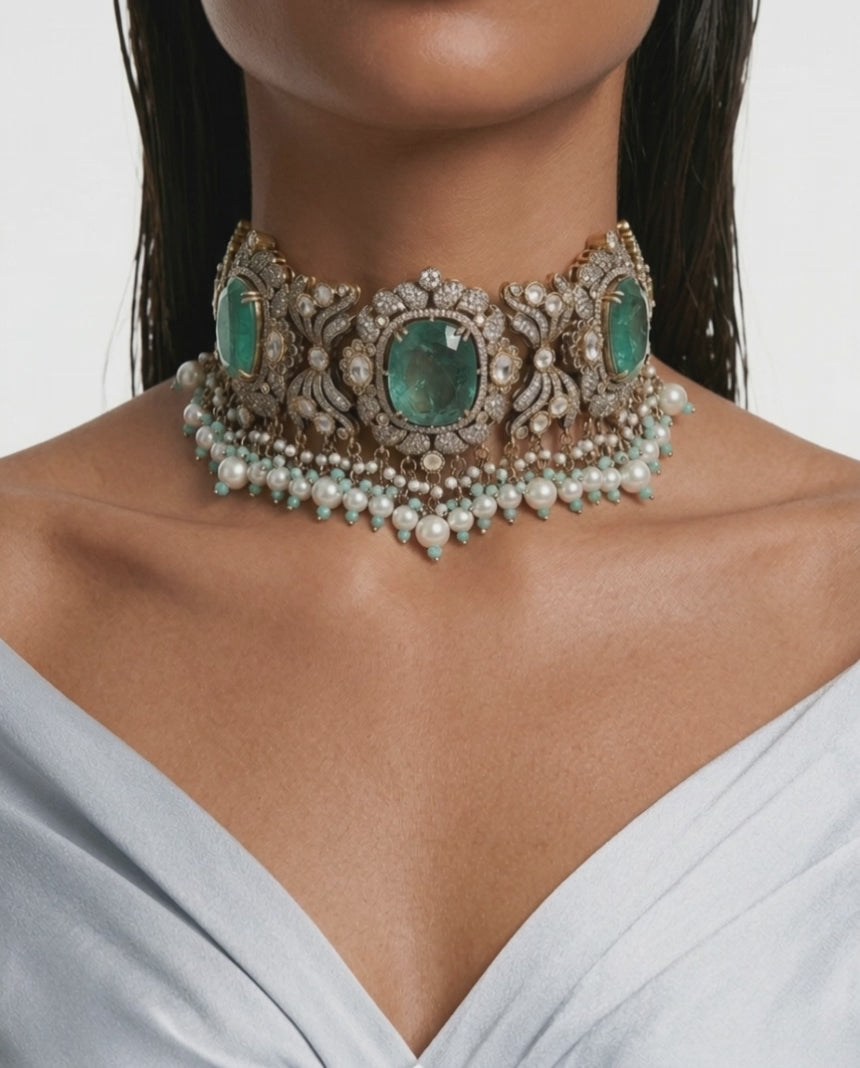 Jawaria Mint, Pearls & Moissanite Polki Kundan with Zircon Diamond Detailing Statement Luxe Necklace Set (Necklace & Earrings)