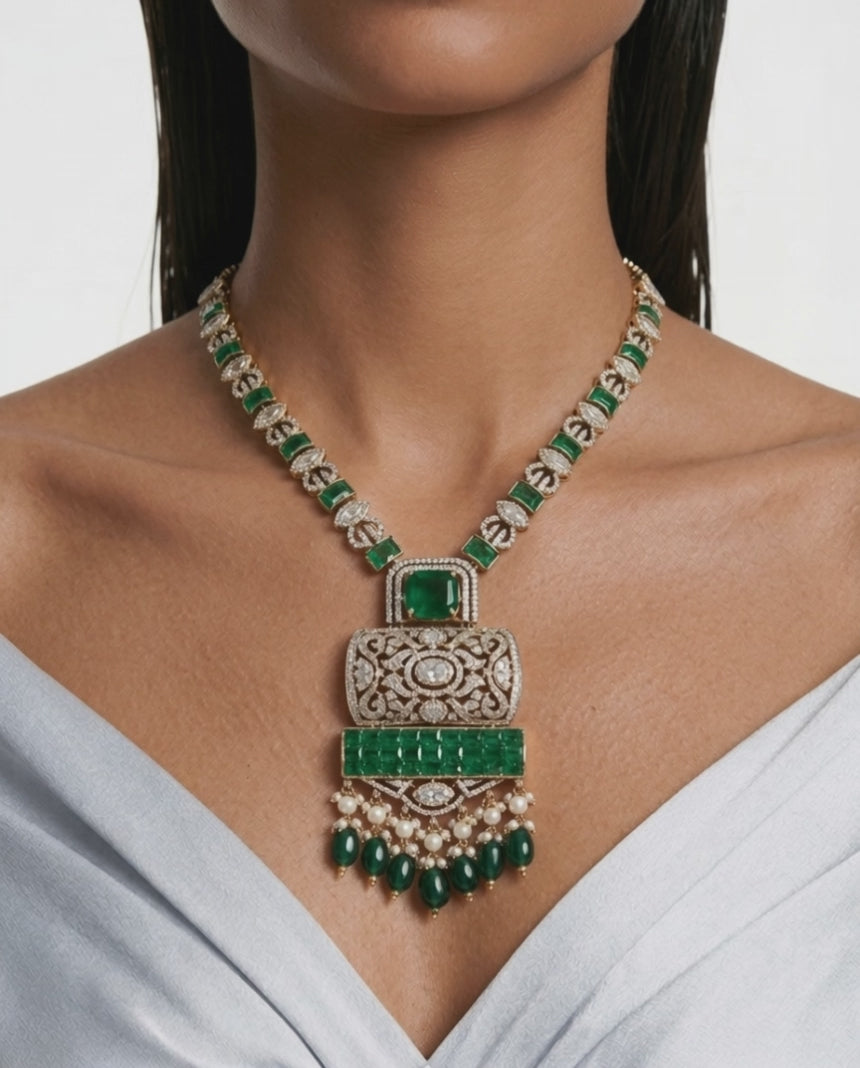 Zeyra Emerald Pearls Moissanite Polki Kundan with Zircon Diamond Detailing Statement Necklace