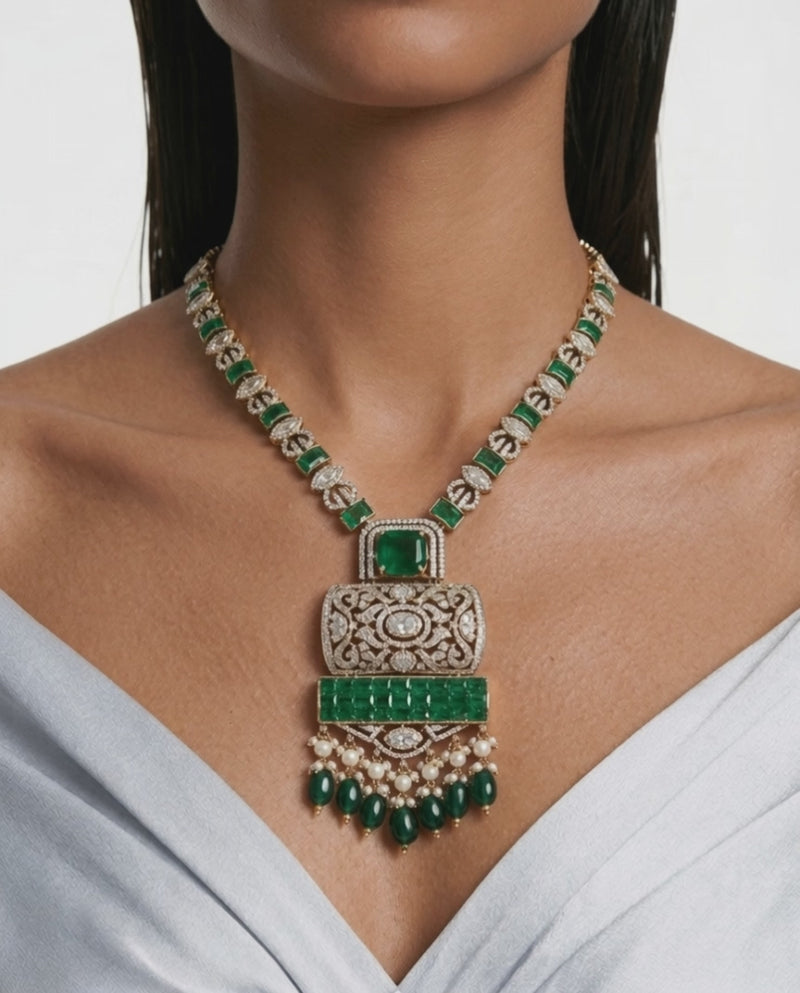 Zeyra Emerald Pearls Moissanite Polki Kundan with Zircon Diamond Detailing Statement Necklace