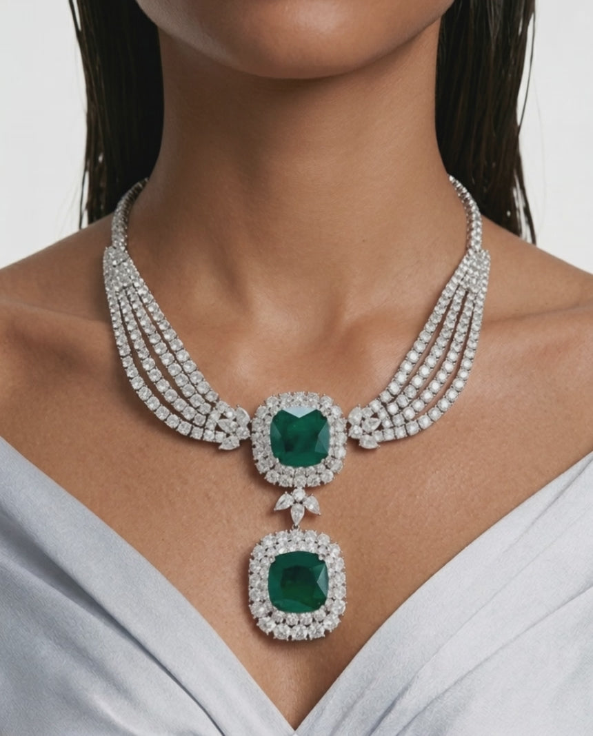 Valessa Diamond-Like Zircon Emerald Statement Necklace Set – Necklace & Earrings