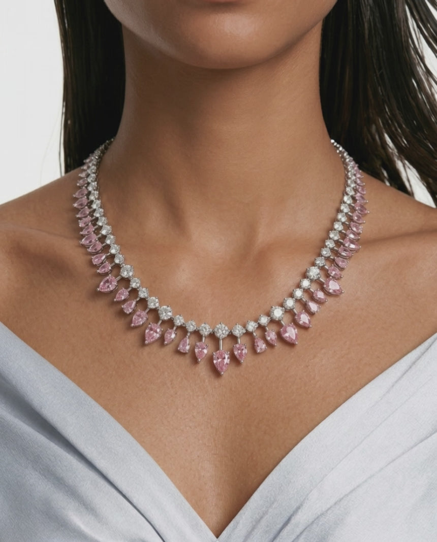Medha Diamond-Like Zircon with Pink Diamond Drops Single Line Statement Necklace Set (Necklace & Earrings)