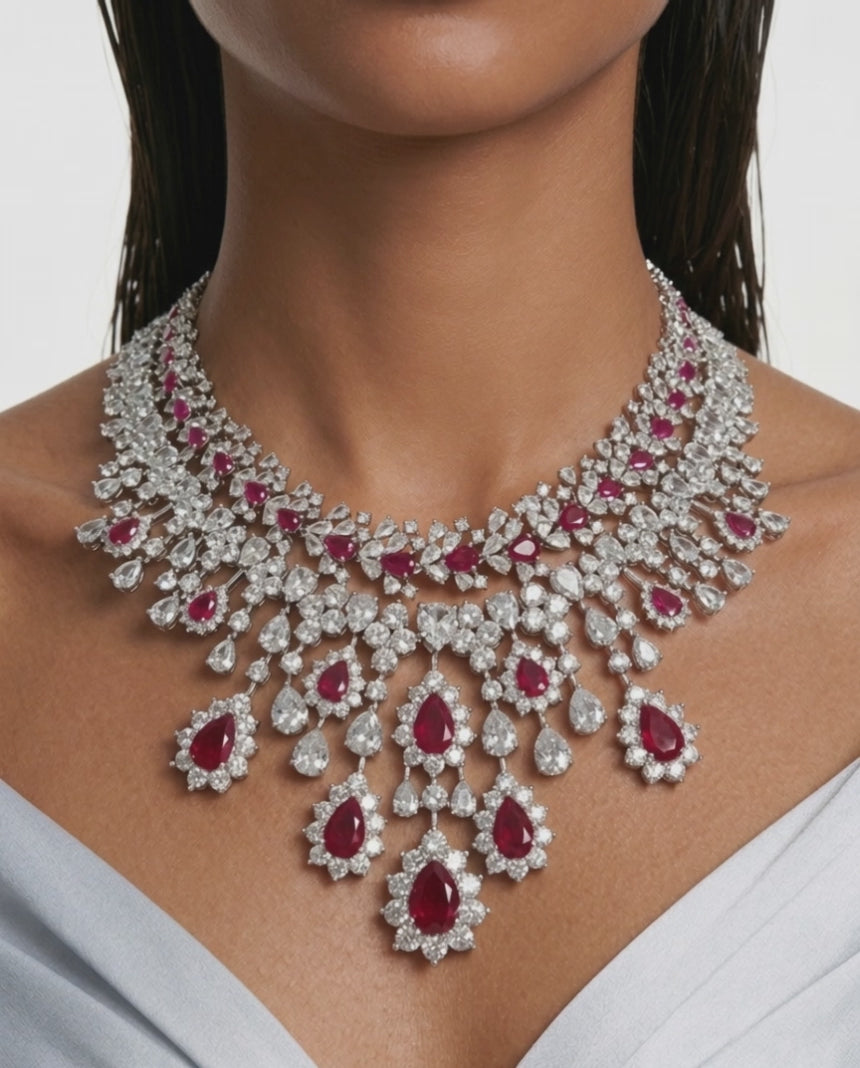Maharani Hijl Ruby & Diamond Like Drops Necklace Set & Eden Floral Ruby & Diamond-Like Zircon Statement Necklace Set (2 Necklace & 2 Earrings)