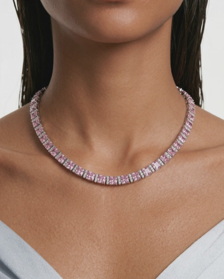 Bhavani Pink Diamond & Zircon Diamond Single Line Tennis Necklace Set (Necklace & Earrings)