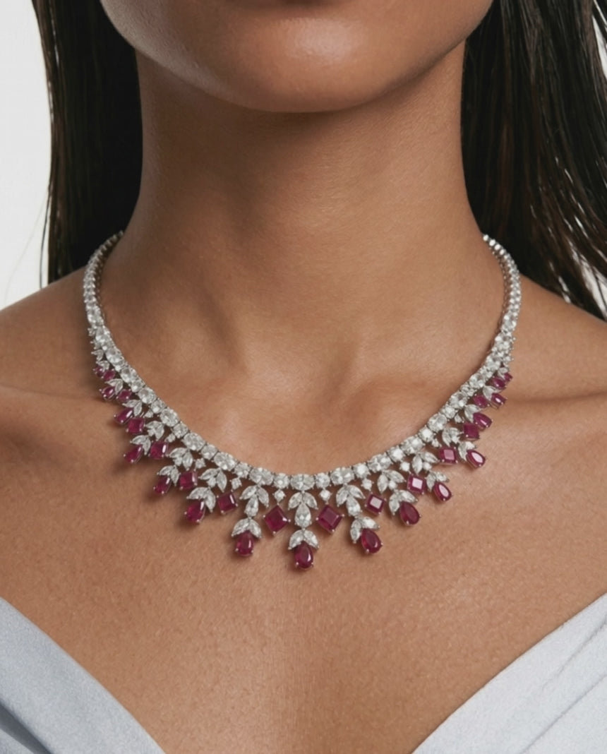 Saanvi Diamond-Like Zircon with Ruby Drops Statement Necklace Set (Necklace & Earrings)