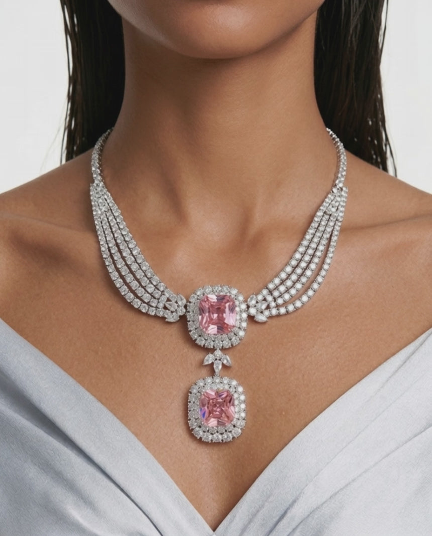 Valessa Diamond-Like Zircon Pink Statement Necklace Set – Necklace & Earrings