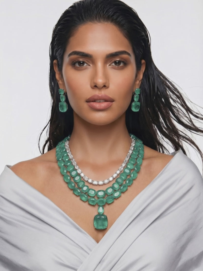 Boulder Mint Green Dimond 3 Layer Necklace Set (Necklace & Earrings)