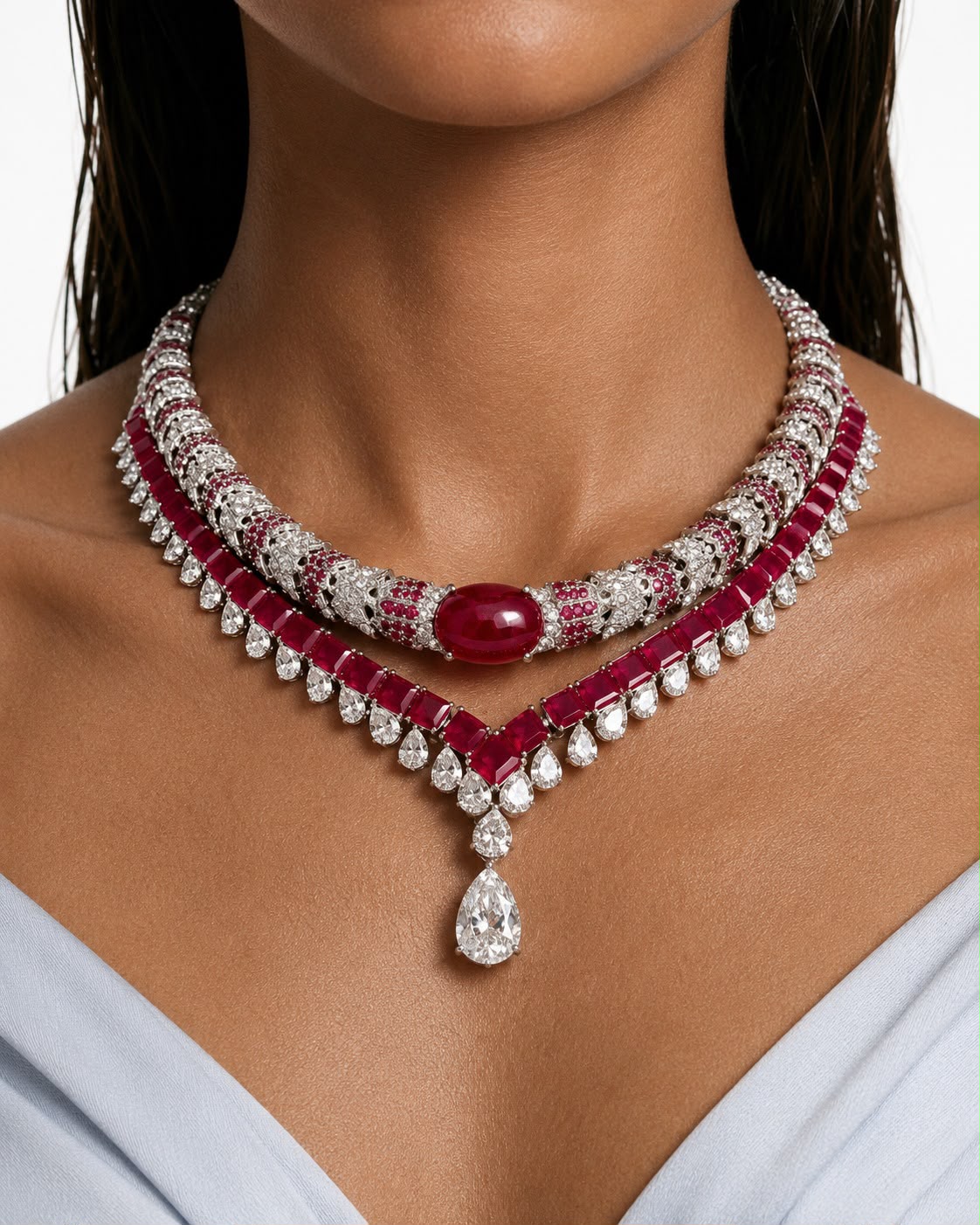 Maharani Basma Ruby and Diamond-Like Zircon Drop Pendant Statement Necklace Set & Elyna Ruby Diamond-Like Zircon Choker Necklace Set (2 Necklace & 2 Earrings)