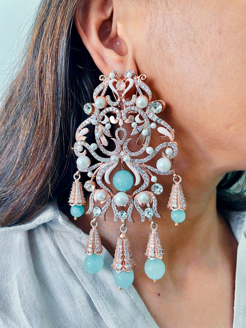 Sirena Pearl Diamond Drop Earrings — worn on model — Prerto