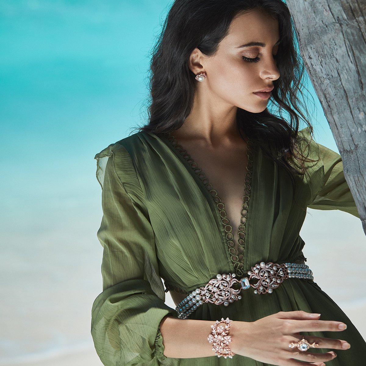 Suki Pearl Crystal Bridal Waist Belt — worn on model — Prerto