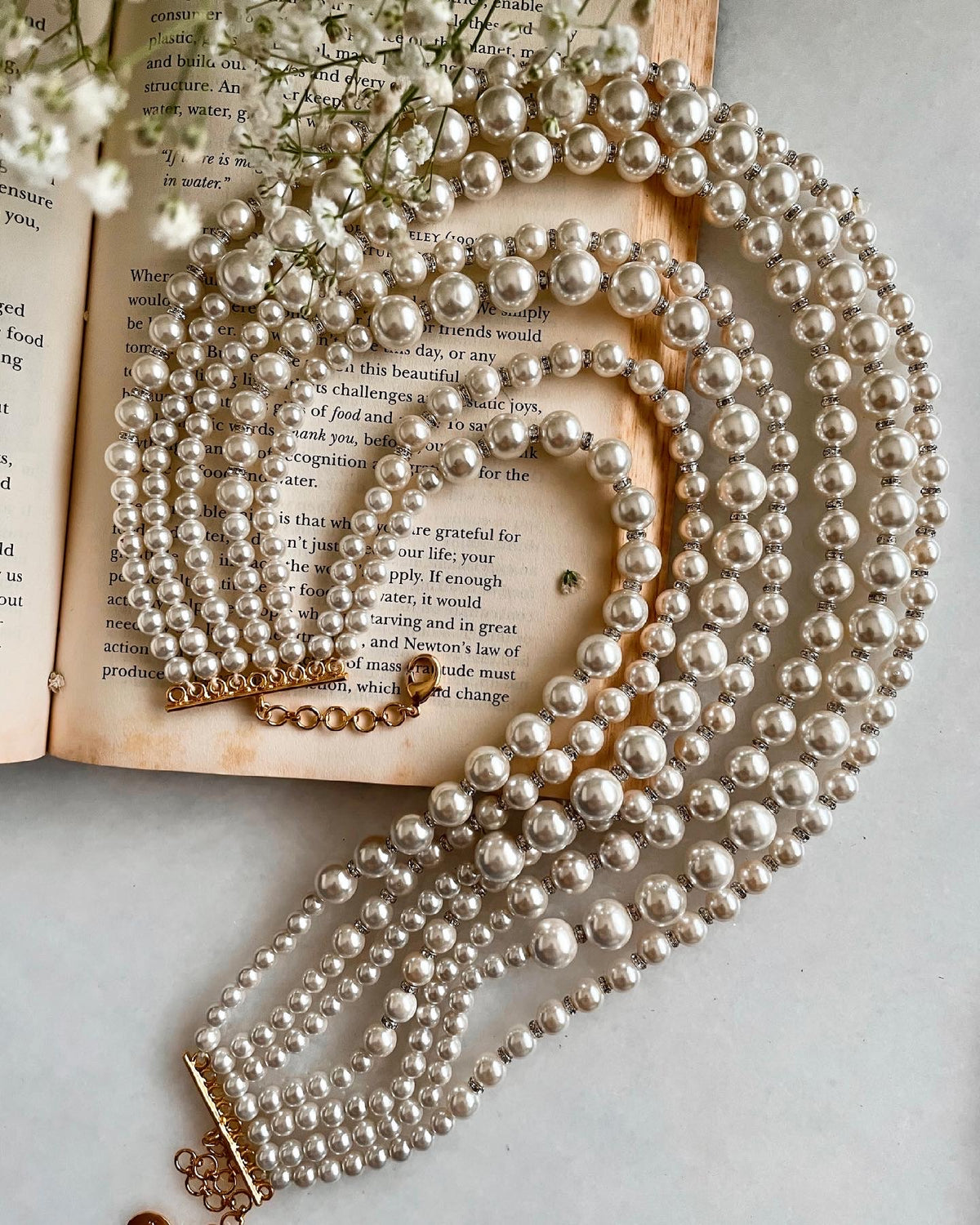 Lumi Luminous Pearl Statement Necklace — angled view — Prerto