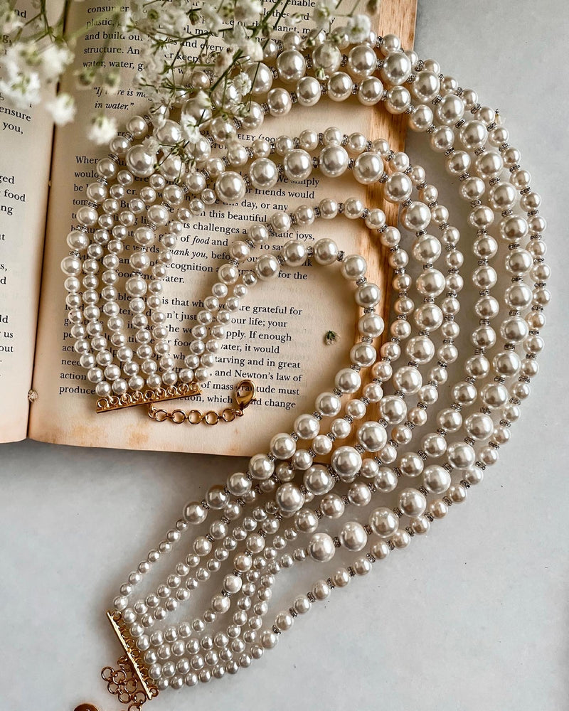 Lumi Luminous Pearl Statement Necklace — angled view — Prerto
