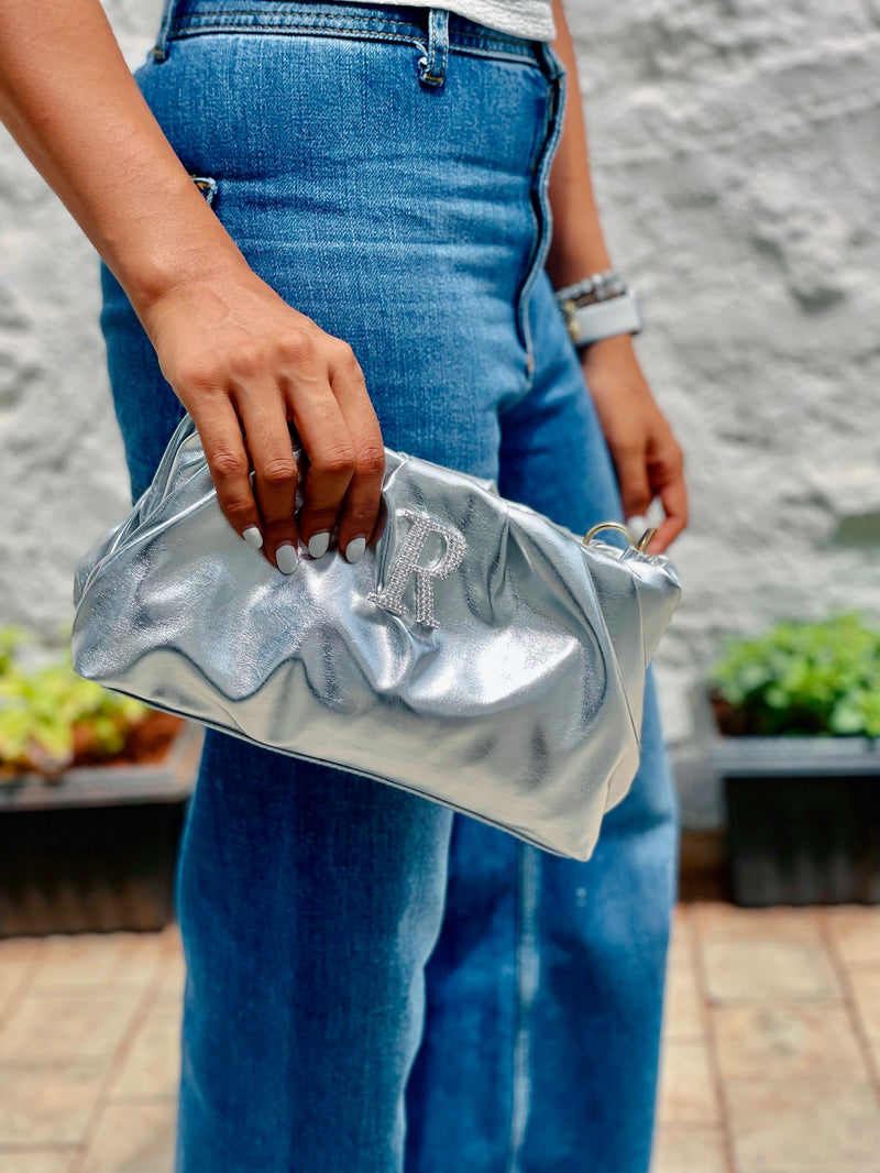 Personalised Silver Ruched Bag by Prerto — styled view