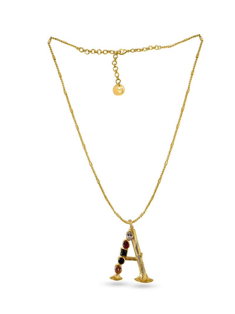 Grande Iniziale Gold Initial Stone Pendant Necklace — worn on model — Prerto