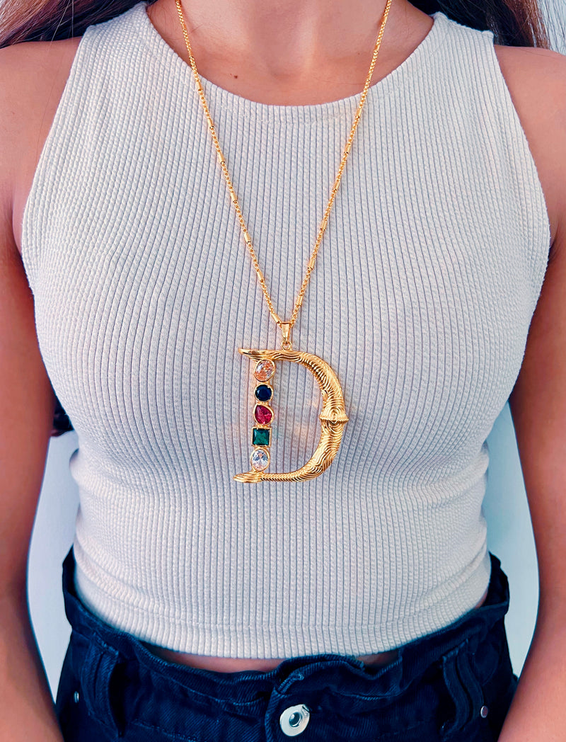 Grande Iniziale Gold Initial Stone Pendant Necklace — close-up — Prerto