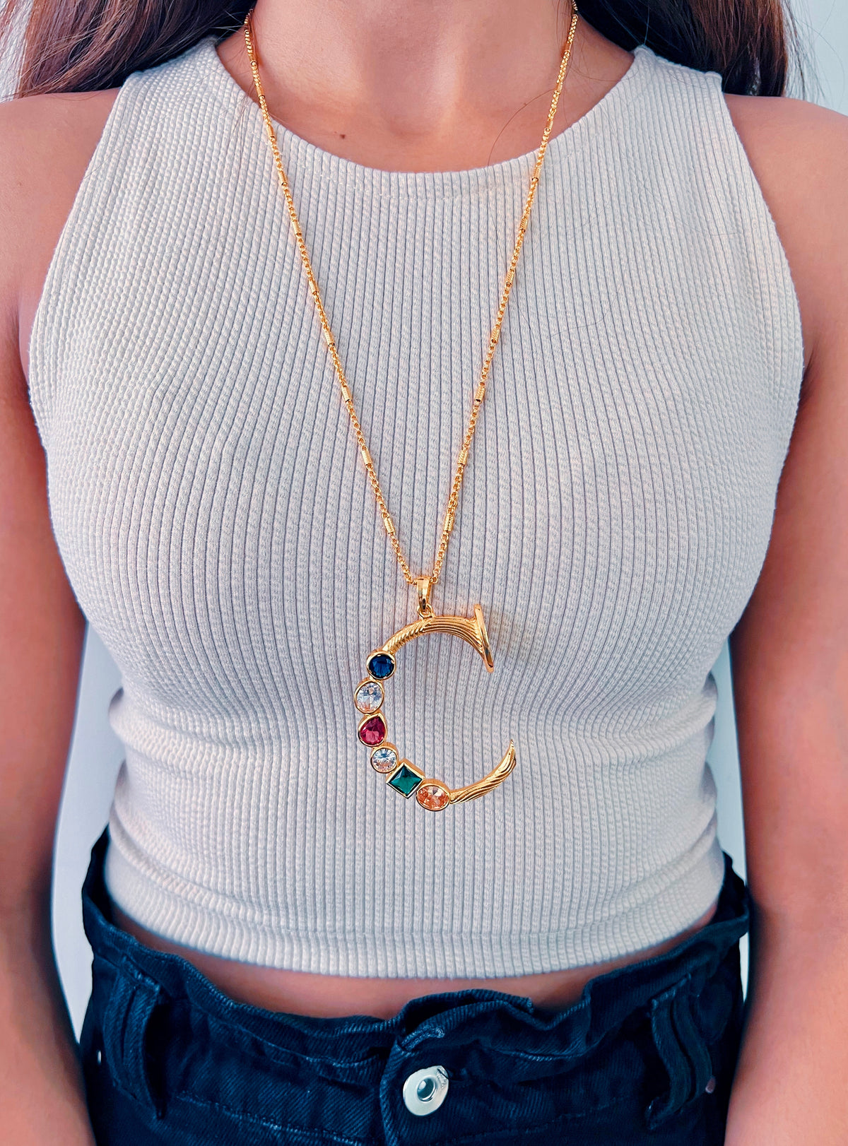 Grande Iniziale Gold Initial Stone Pendant Necklace — styled view — Prerto