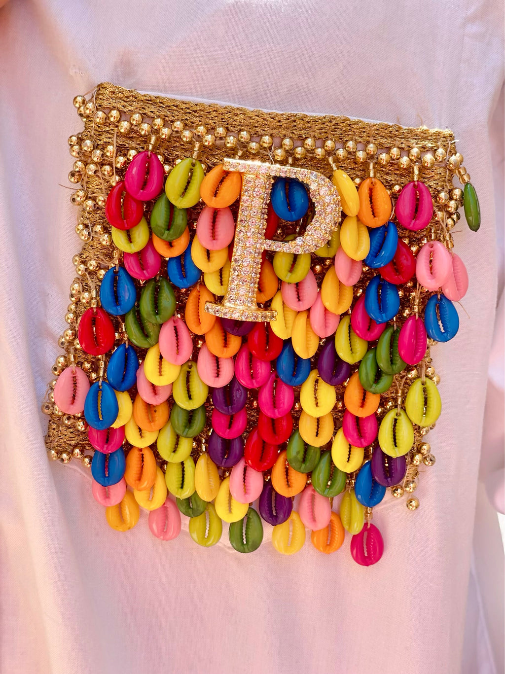Multicolour Shell Tassel Personalised Shirt by Prerto — styled view