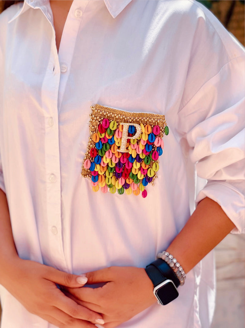 Multicolour Shell Tassel Personalised Shirt by Prerto — back view