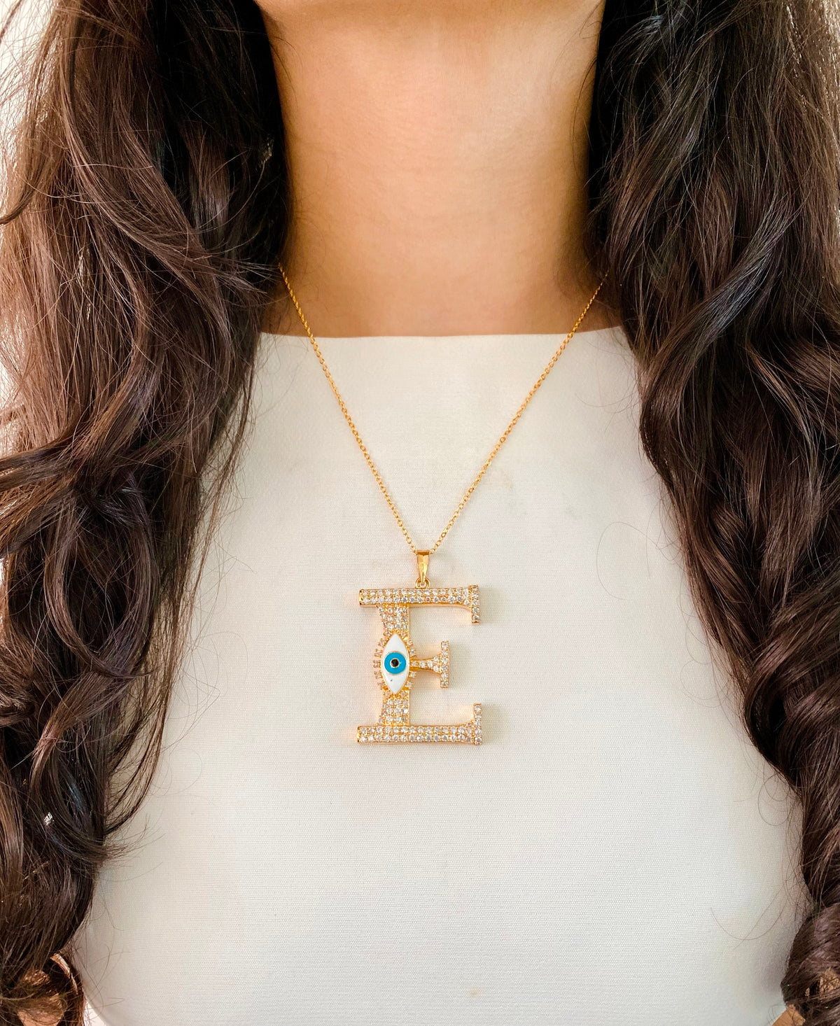 Evil Eye Gold Initial Pendant Necklace — close-up — Prerto