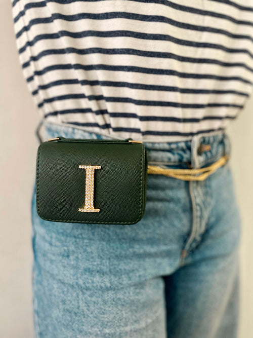 Personalised Army Green Nano Bag by Prerto — styled view