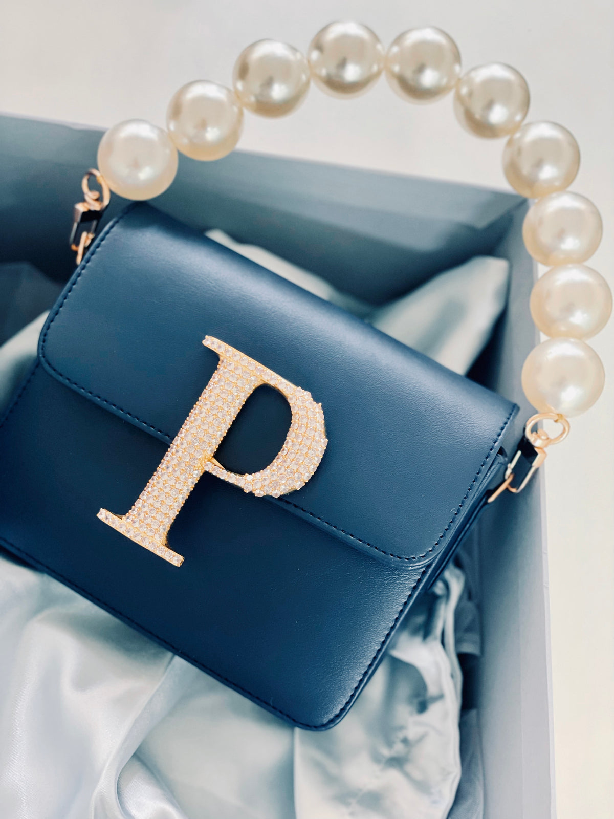 Personalised Navy Blue Crossbody Bag by Prerto — styled view