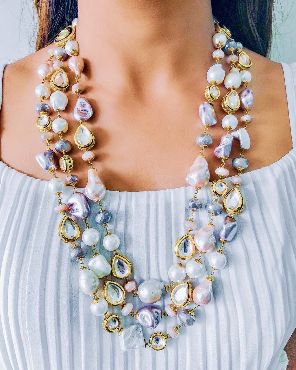 Carina Baroque Pearl Moonstone Statement Necklace — front view — Prerto