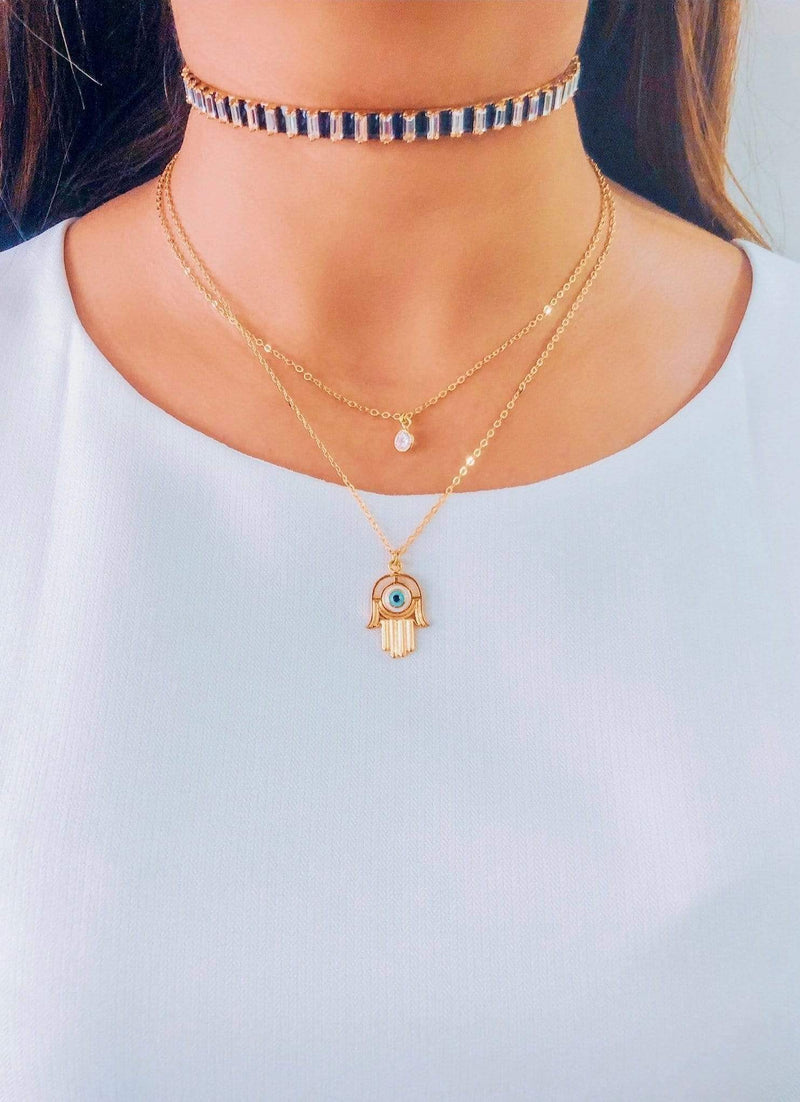 Hamsa Evil Eye Pendant Charm Necklace — front view — Prerto