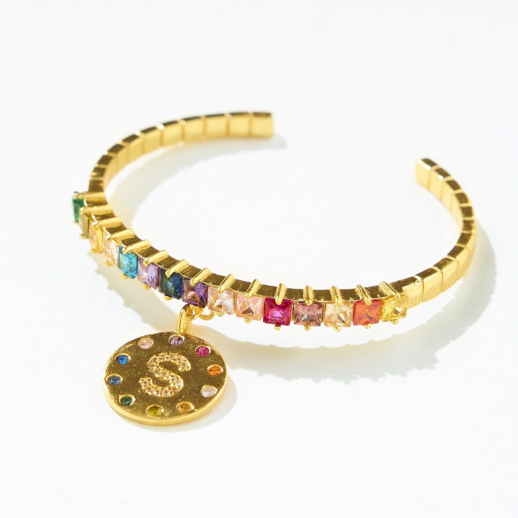 Orian Iniziale Rainbow Crystal Initial Cuff Bracelet — worn on wrist — Prerto