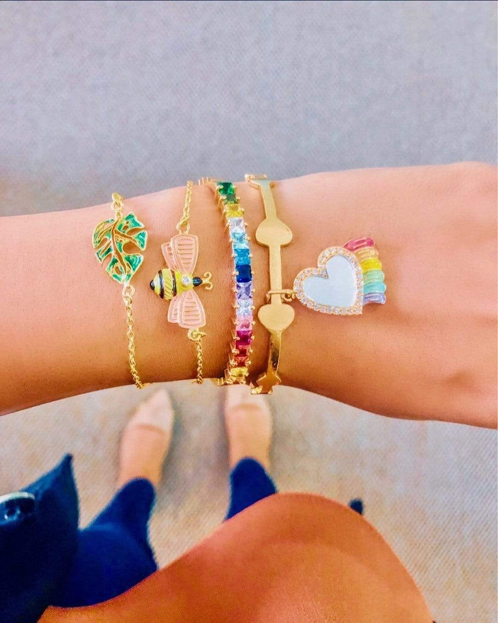 Over The Rainbow Heart Charm Bracelet — styled on wrist — Prerto