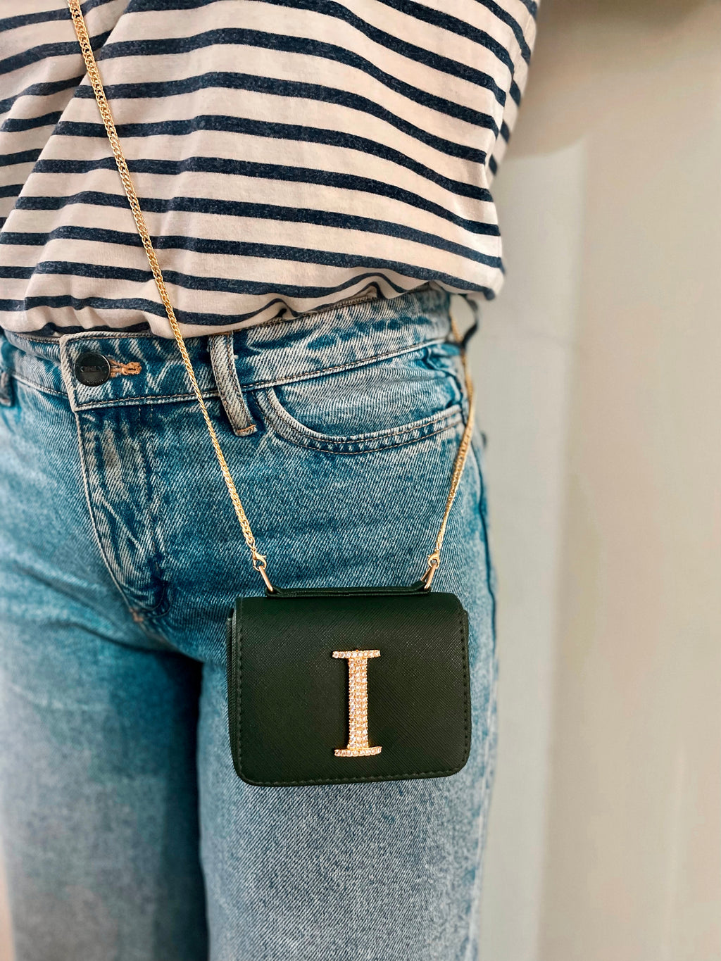 Personalised Army Green Nano Bag by Prerto — worn on model