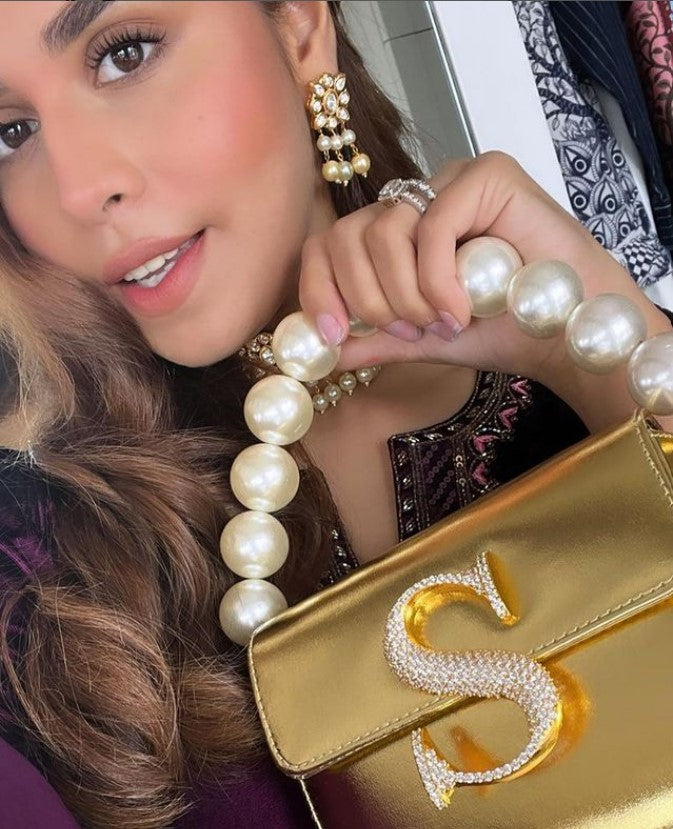 Personalised Gold Crossbody Bag by Prerto — styled view
